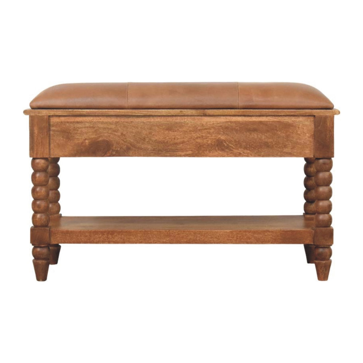 Banc assise cuir 2 tiroirs pieds bobine en manguier massif – Ambre – vue 9