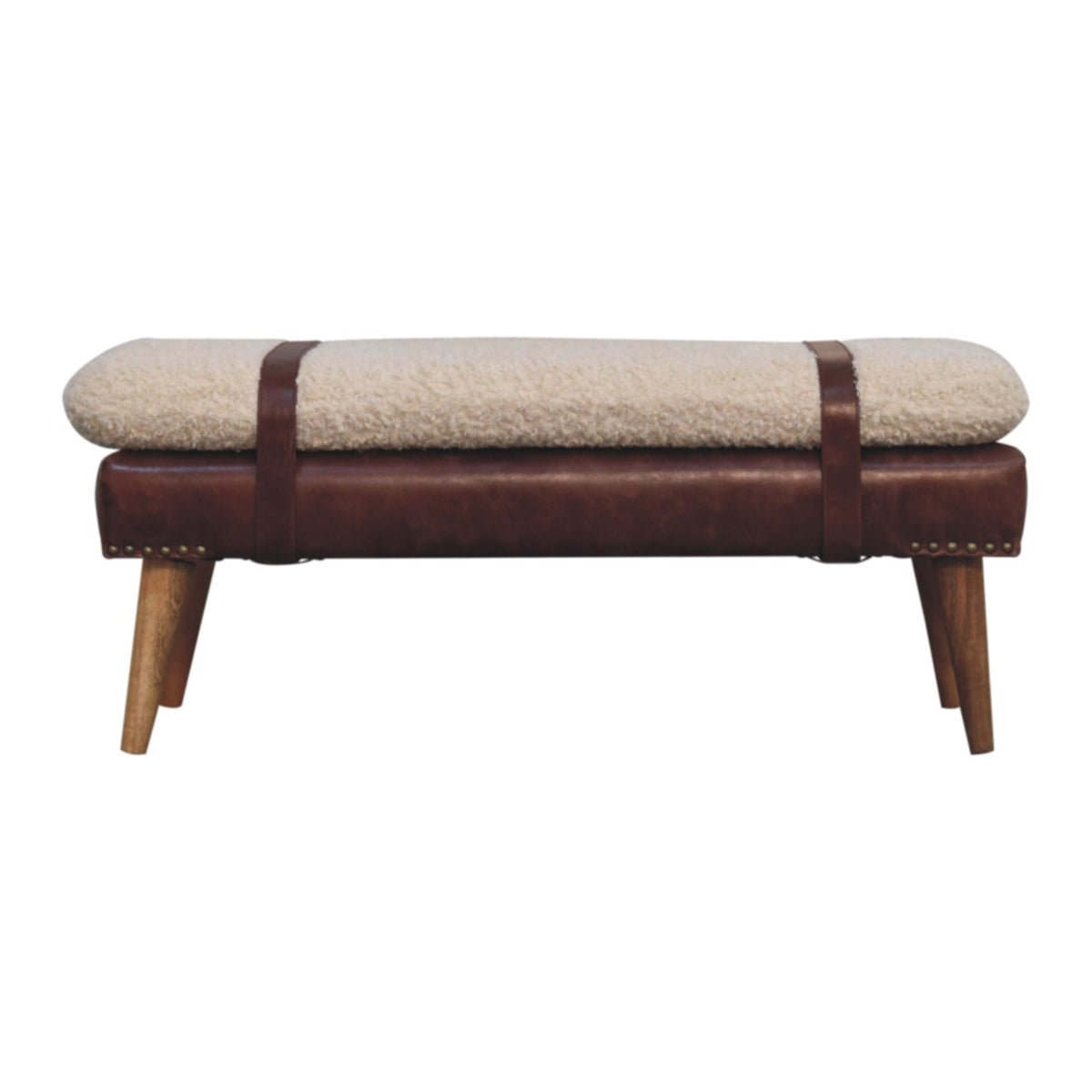 Banc bouclette et cuir de buffle acajou, pieds en bois massif – Naturel – vue 9