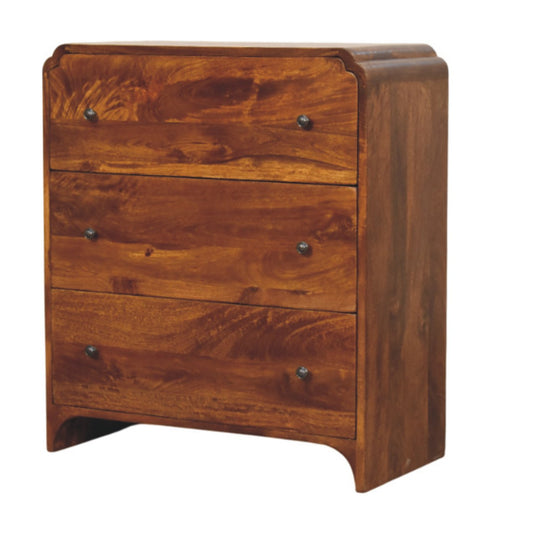 Commode 3 tiroirs à base festonnée en manguier massif – Châtaigne – vue 2
