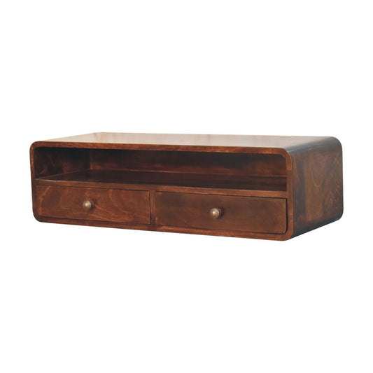 Console murale à 2 tiroirs et étagère en manguier massif – Noisette – vue 2
