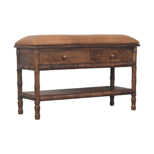 Meuble de rangement à assise cuir en manguier massif – Amande grillée – vue 2