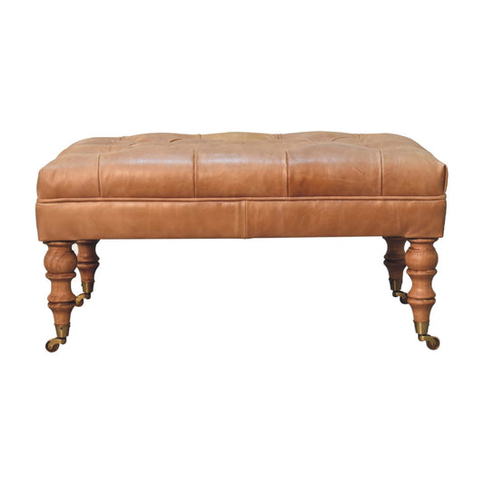Pouf capitonné cuir de buffle en manguier massif – Noisette clair – vue 2