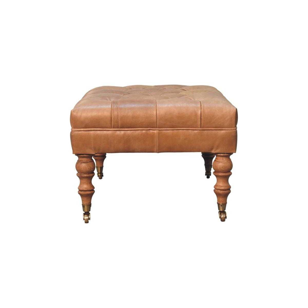 Pouf capitonné cuir de buffle en manguier massif – Noisette clair – vue 9
