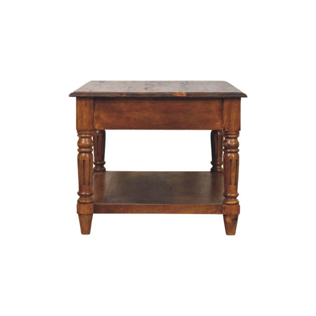 Table basse à pieds tournés et tiroirs en manguier massif – Châtaigne – vue 9