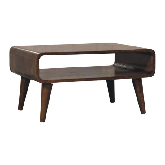 Table basse arrondie à étagère en manguier massif – Gris doux – vue 2
