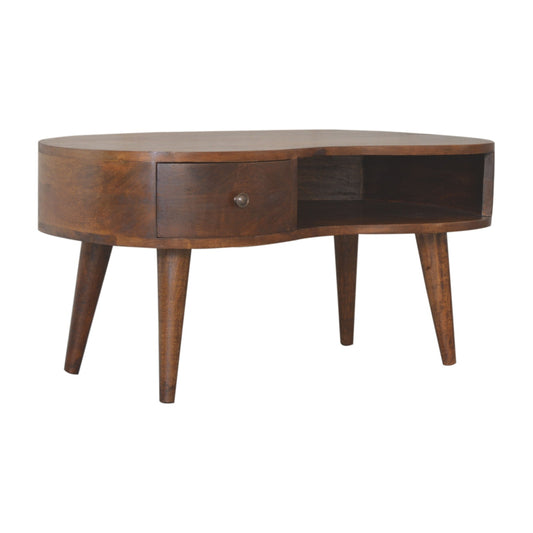 Table basse ondulée à tiroir et niche en manguier massif – Châtaigne – vue 2