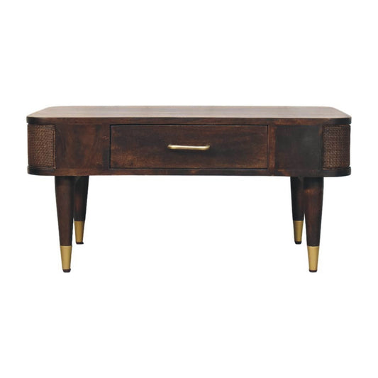 Table basse rotin et tiroir central en manguier massif – Moka – vue 2