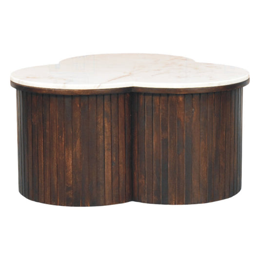 Table basse trèfle à plateau marbre en manguier massif – Moka – vue 2