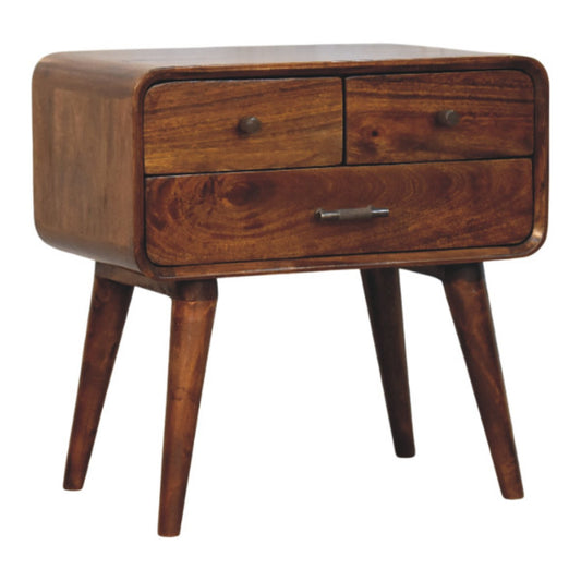 Table de chevet galbée 3 tiroirs en manguier massif – Châtaigne – vue 2