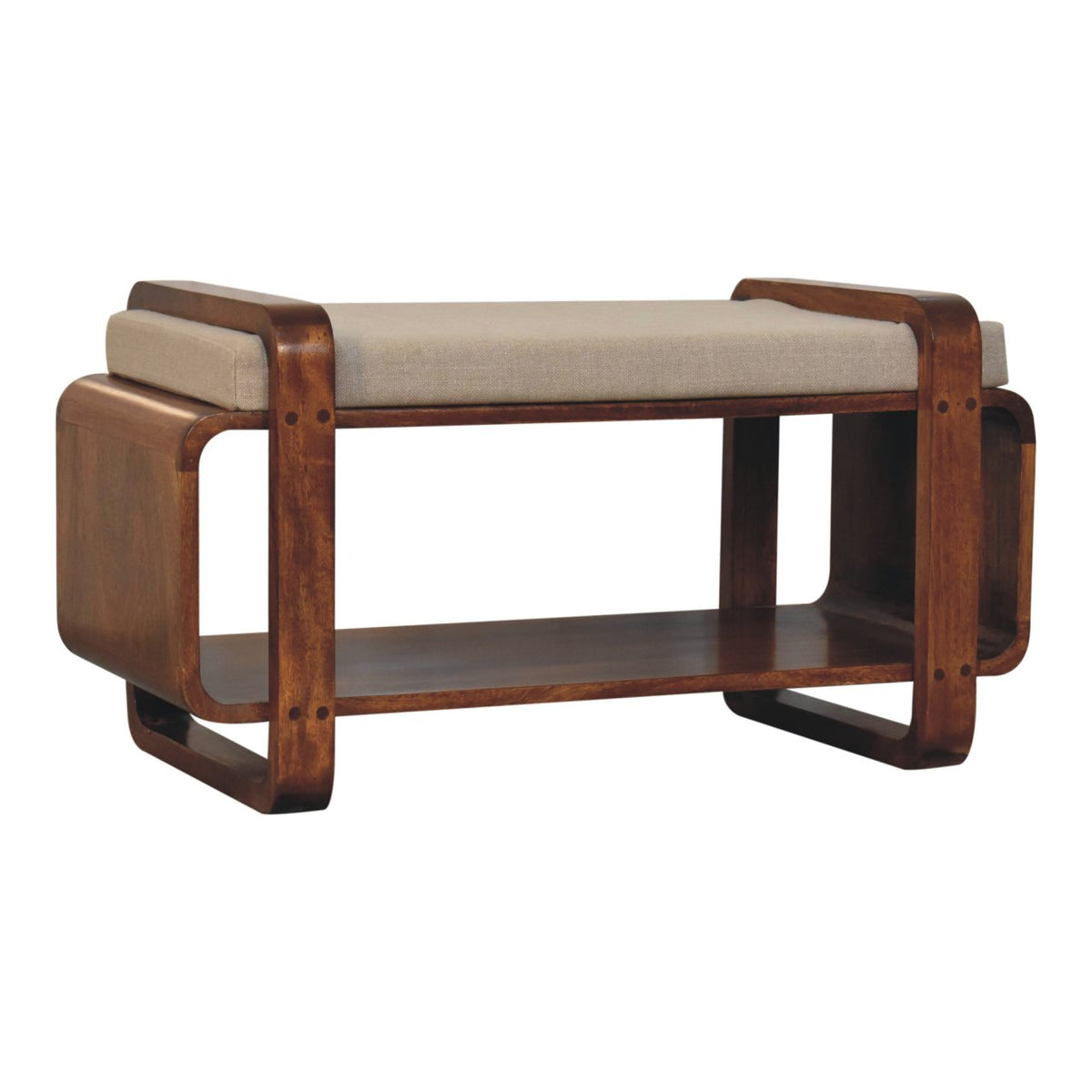 Banc arrondi à coussin de lin en manguier massif – Châtaigne – vue 4