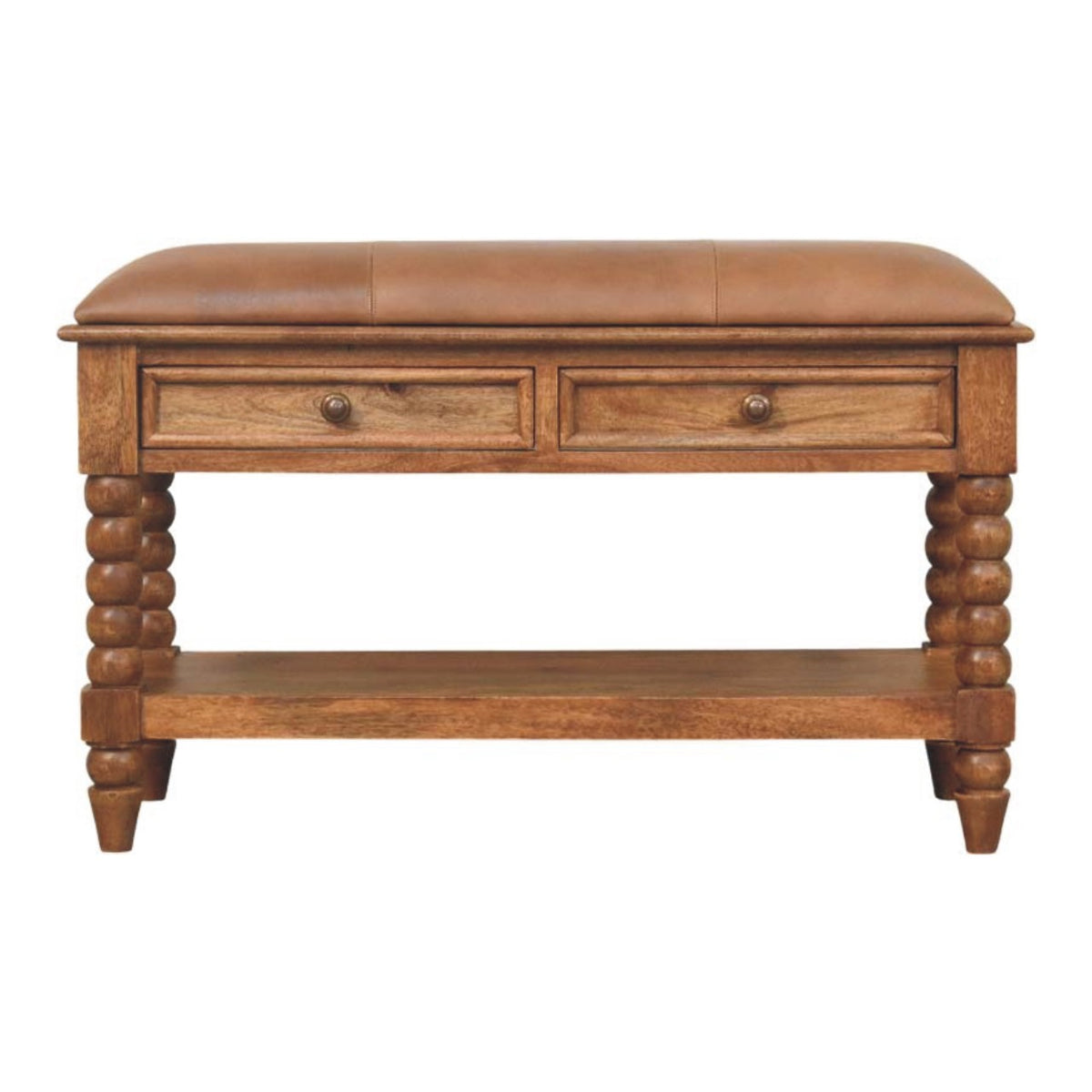 Banc en manguier massif teinte ambre, assise en cuir, deux tiroirs, tablette basse et pieds bobine
