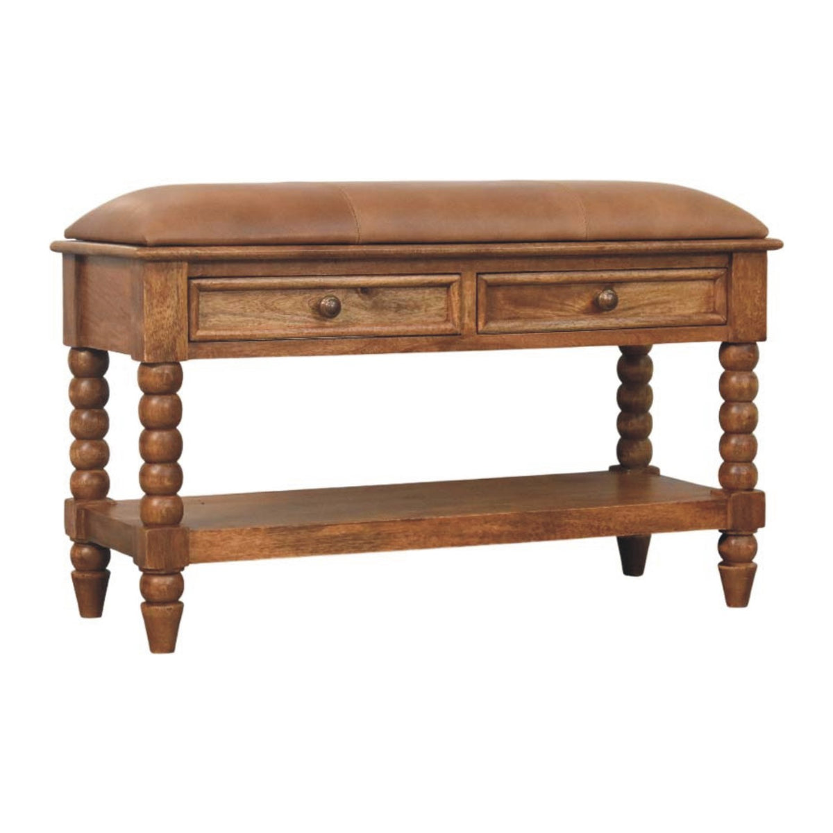 Banc assise cuir 2 tiroirs pieds bobine en manguier massif – Ambre – vue 2