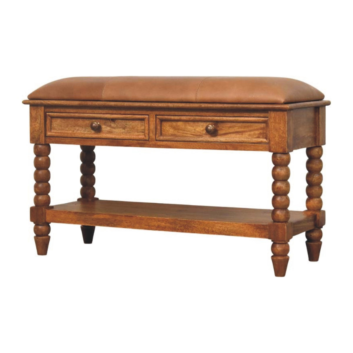 Banc assise cuir 2 tiroirs pieds bobine en manguier massif – Ambre – vue 3