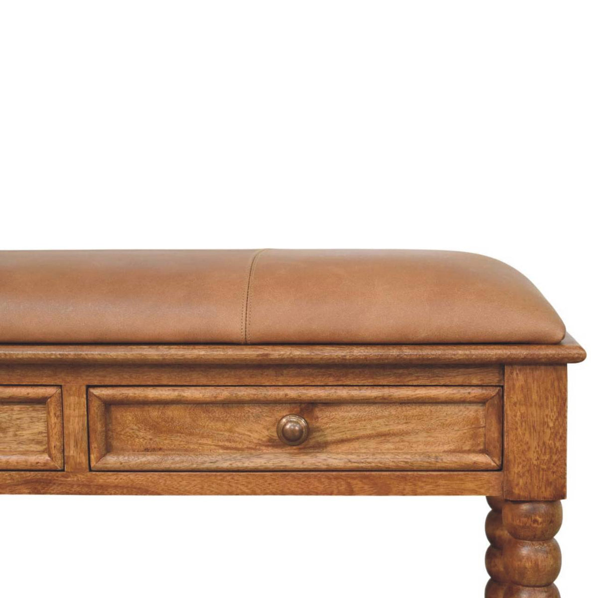 Banc assise cuir 2 tiroirs pieds bobine en manguier massif – Ambre – vue 4