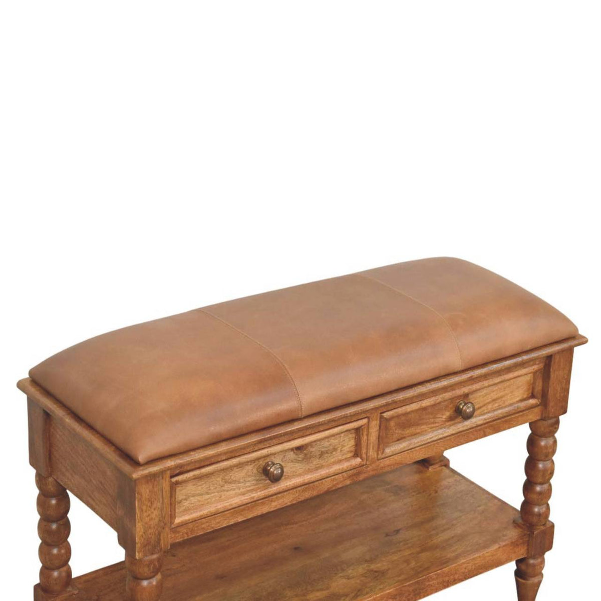 Banc assise cuir 2 tiroirs pieds bobine en manguier massif – Ambre – vue 5