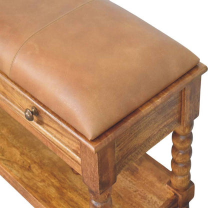 Banc assise cuir 2 tiroirs pieds bobine en manguier massif – Ambre – vue 6