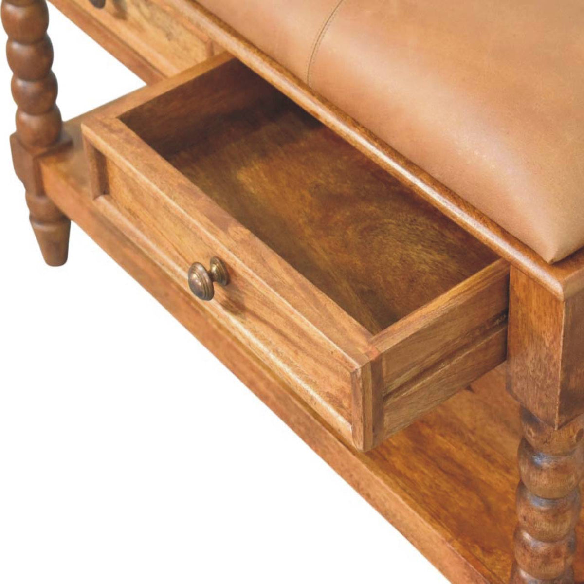 Banc assise cuir 2 tiroirs pieds bobine en manguier massif – Ambre – vue 7