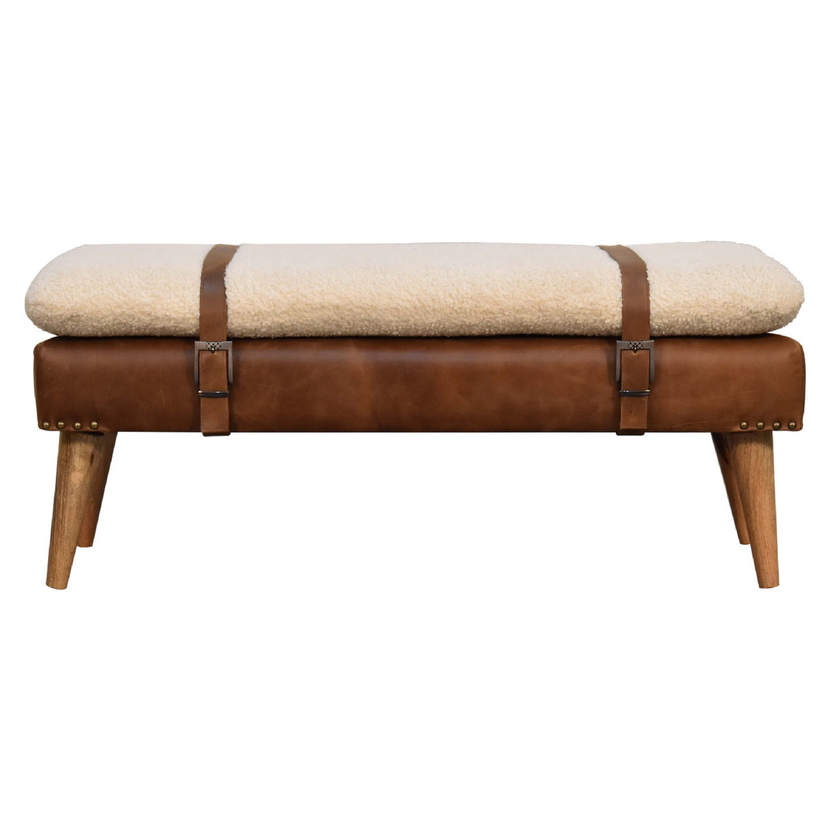 Banc bouclette et cuir de buffle à sangles en bois massif – Naturel – vue 2