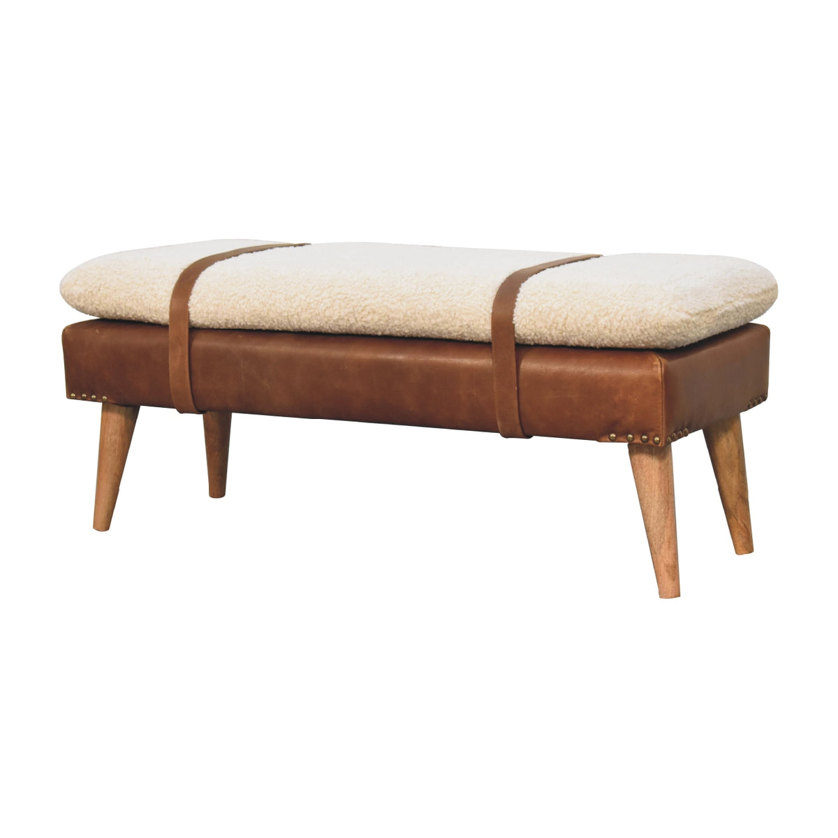 Banc bouclette et cuir de buffle à sangles en bois massif – Naturel – vue 3