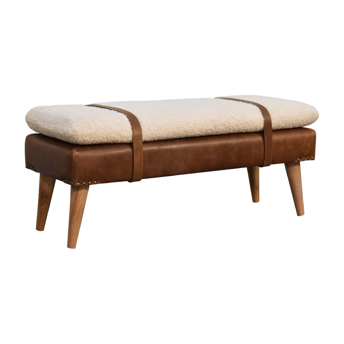 Banc bouclette et cuir de buffle à sangles en bois massif – Naturel – vue 4