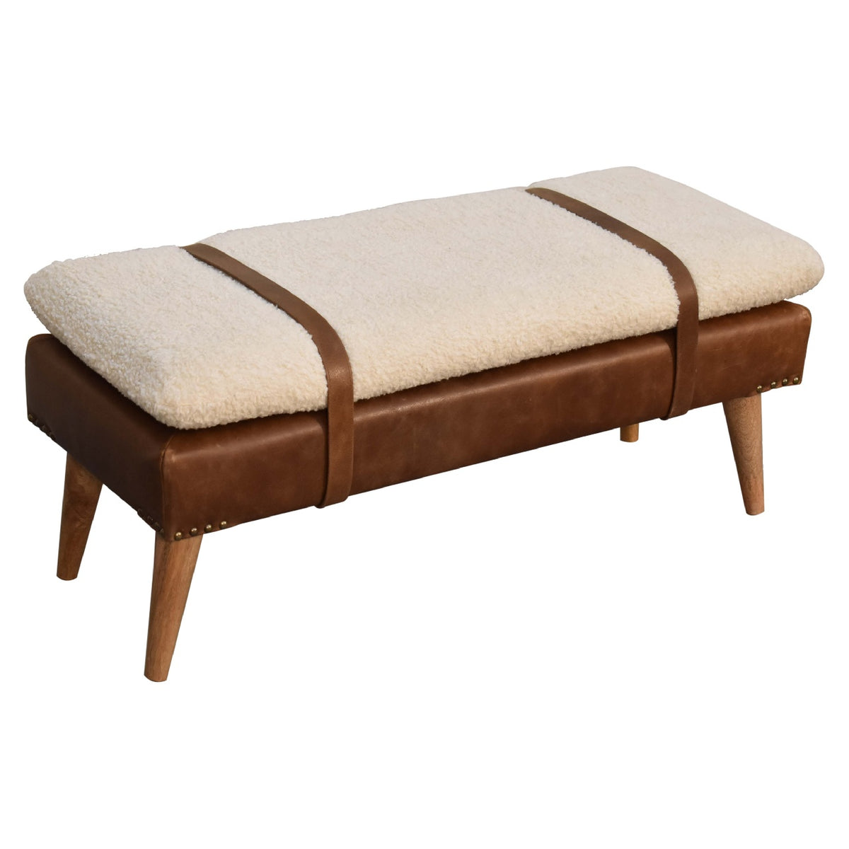 Banc bouclette et cuir de buffle à sangles en bois massif – Naturel – vue 5