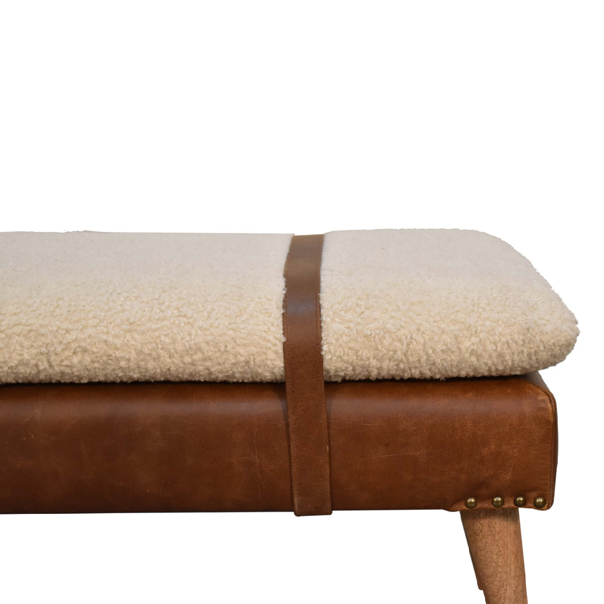 Banc bouclette et cuir de buffle à sangles en bois massif – Naturel – vue 6