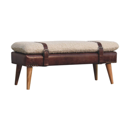 Banc bouclette et cuir de buffle acajou, pieds en bois massif – Naturel – vue 2