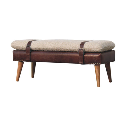 Banc bouclette et cuir de buffle acajou, pieds en bois massif – Naturel – vue 3