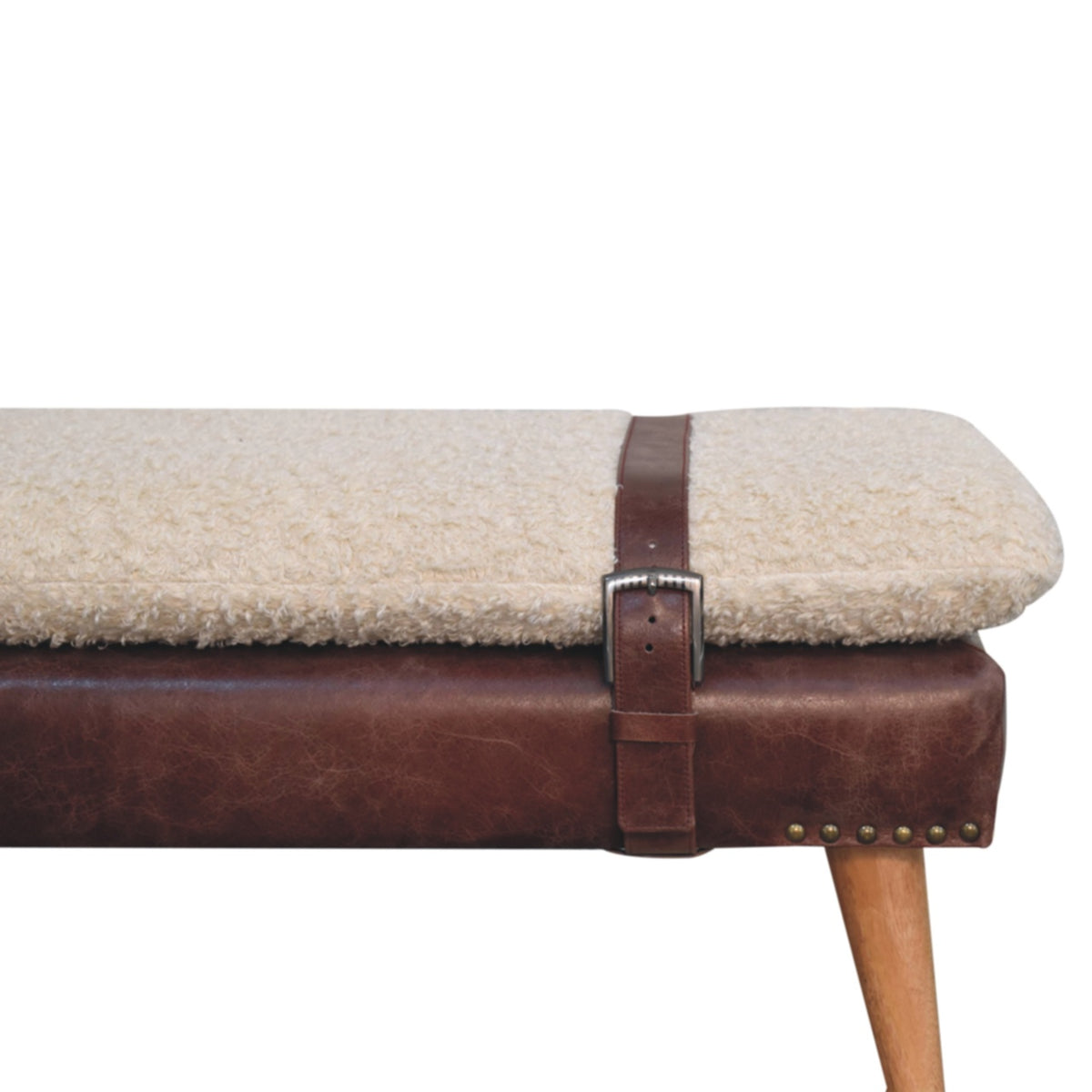 Banc bouclette et cuir de buffle acajou, pieds en bois massif – Naturel – vue 4