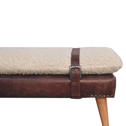 Banc bouclette et cuir de buffle acajou, pieds en bois massif – Naturel – vue 4
