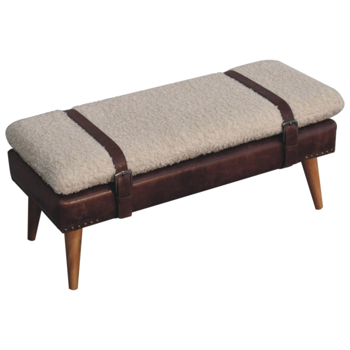 Banc bouclette et cuir de buffle acajou, pieds en bois massif – Naturel – vue 6