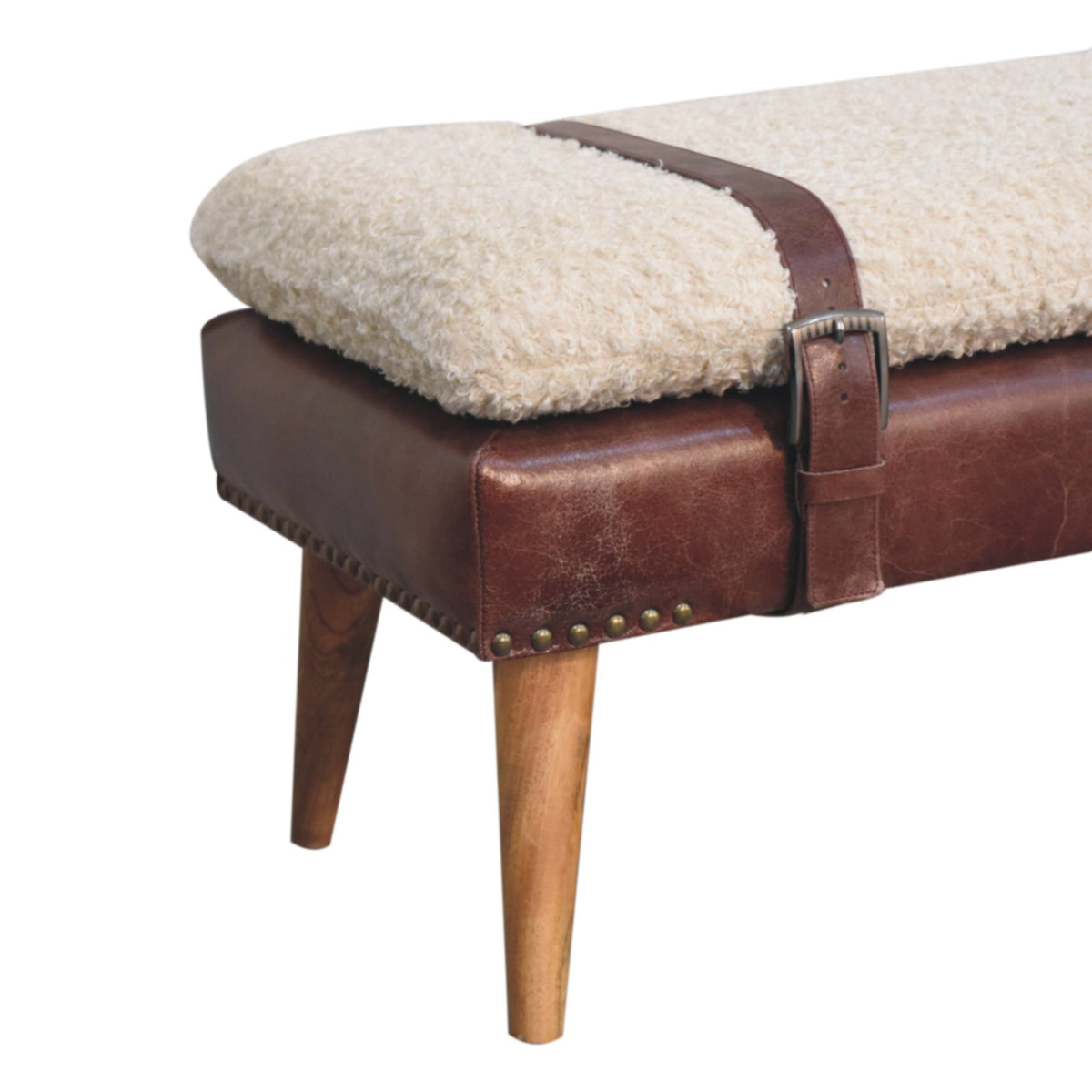 Banc bouclette et cuir de buffle acajou, pieds en bois massif – Naturel – vue 7