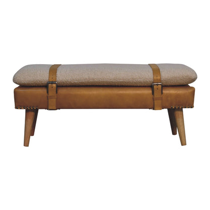 Banc bouclette et cuir de buffle fauve en bois massif – Naturel – vue 2