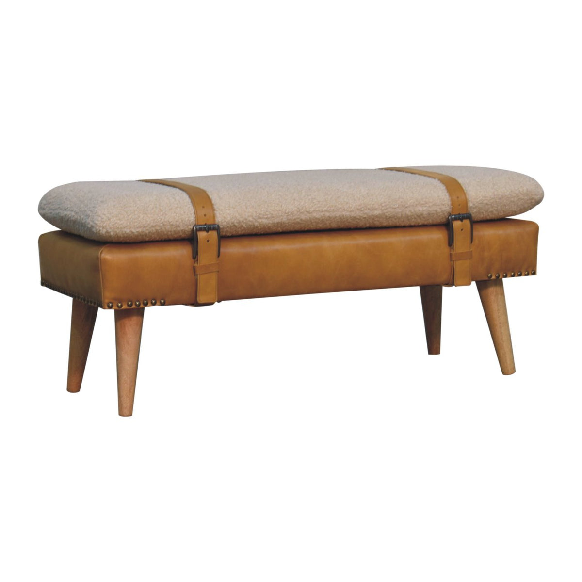 Banc bouclette et cuir de buffle fauve en bois massif – Naturel – vue 4
