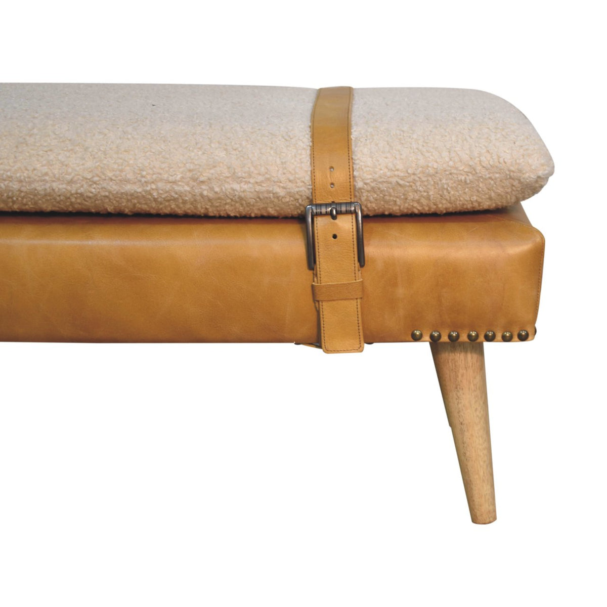 Banc bouclette et cuir de buffle fauve en bois massif – Naturel – vue 5