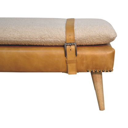 Banc bouclette et cuir de buffle fauve en bois massif – Naturel – vue 5