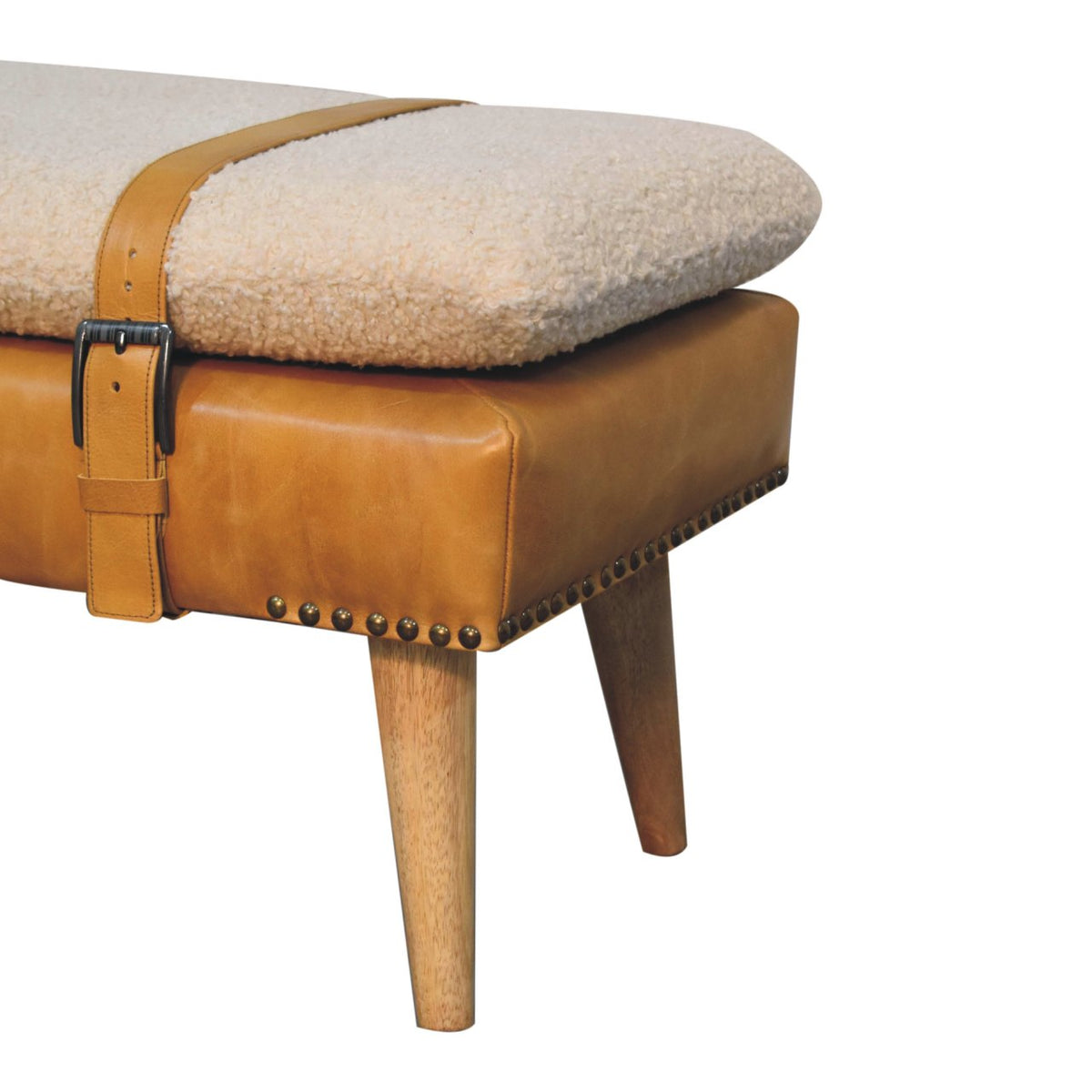 Banc bouclette et cuir de buffle fauve en bois massif – Naturel – vue 6