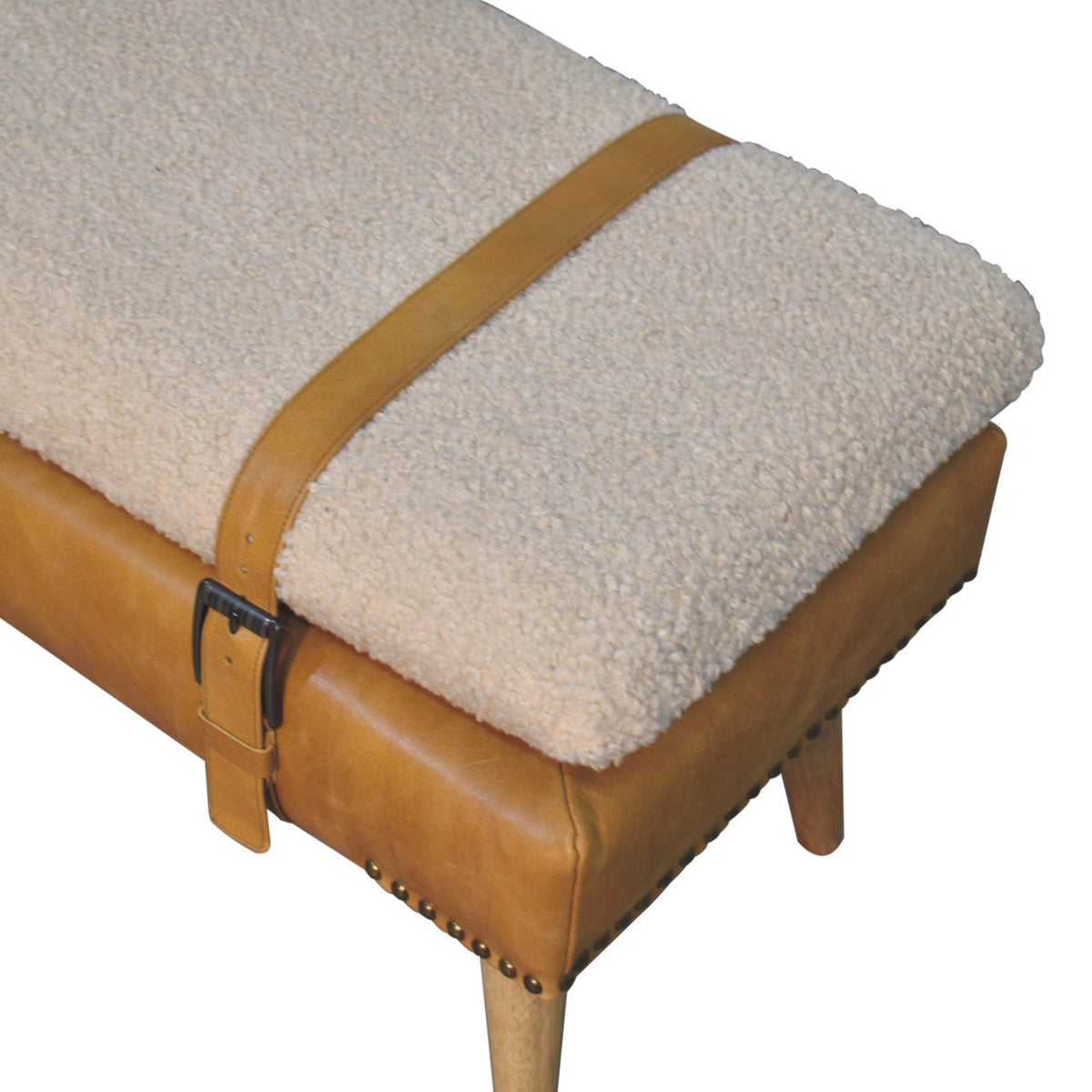Banc bouclette et cuir de buffle fauve en bois massif – Naturel – vue 7