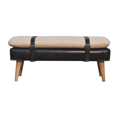 Banc en tissu bouclette et cuir de buffle noir à sangles, pieds en bois massif teinte naturelle