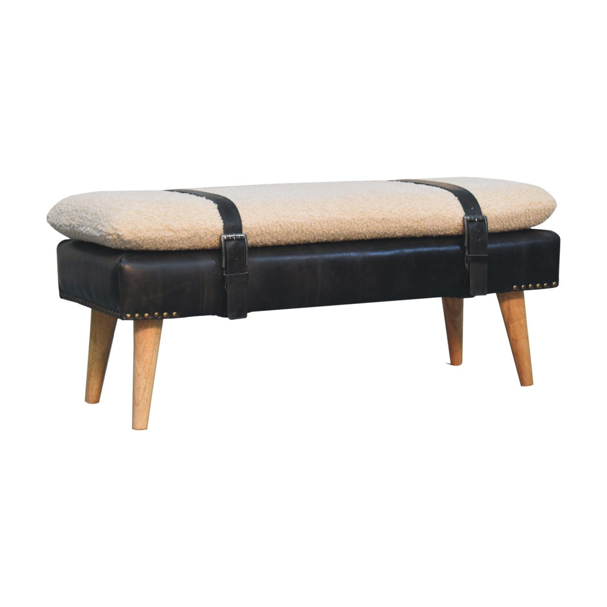 Banc bouclette et cuir de buffle noir, pieds en bois massif – Naturel – vue 3
