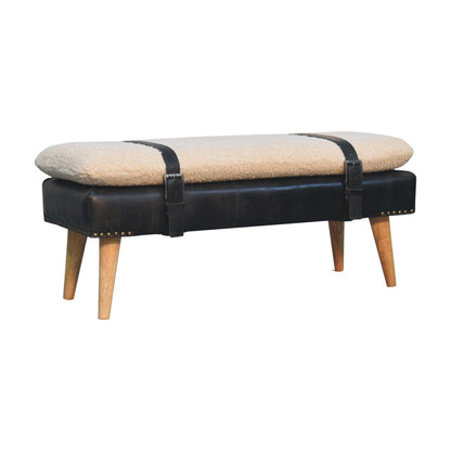 Banc bouclette et cuir de buffle noir, pieds en bois massif – Naturel – vue 3
