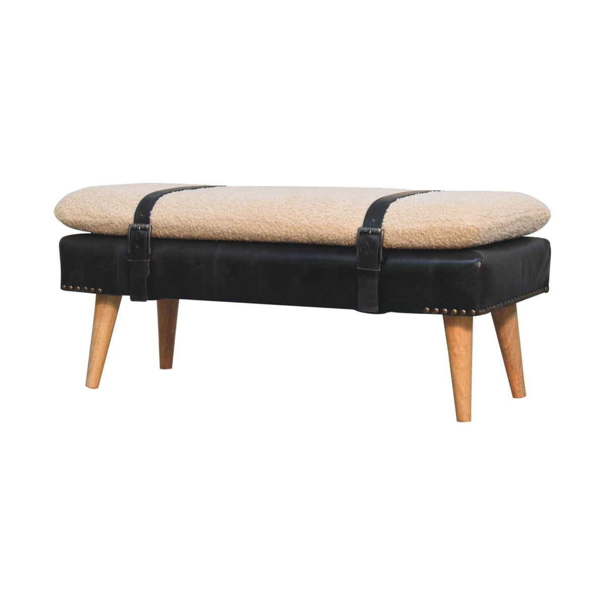 Banc bouclette et cuir de buffle noir, pieds en bois massif – Naturel – vue 4