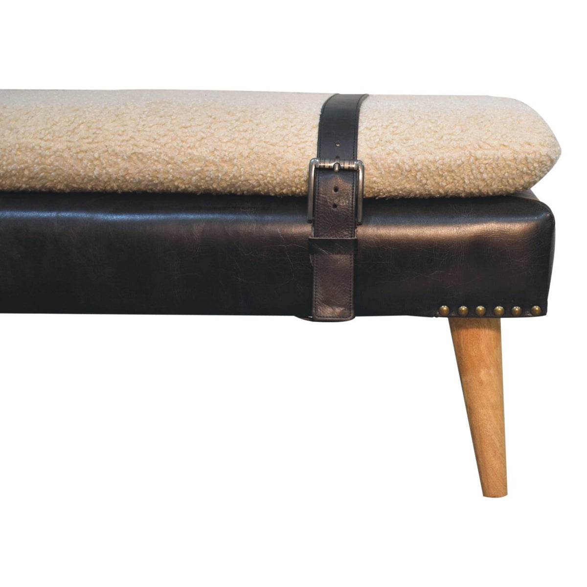Banc bouclette et cuir de buffle noir, pieds en bois massif – Naturel – vue 5