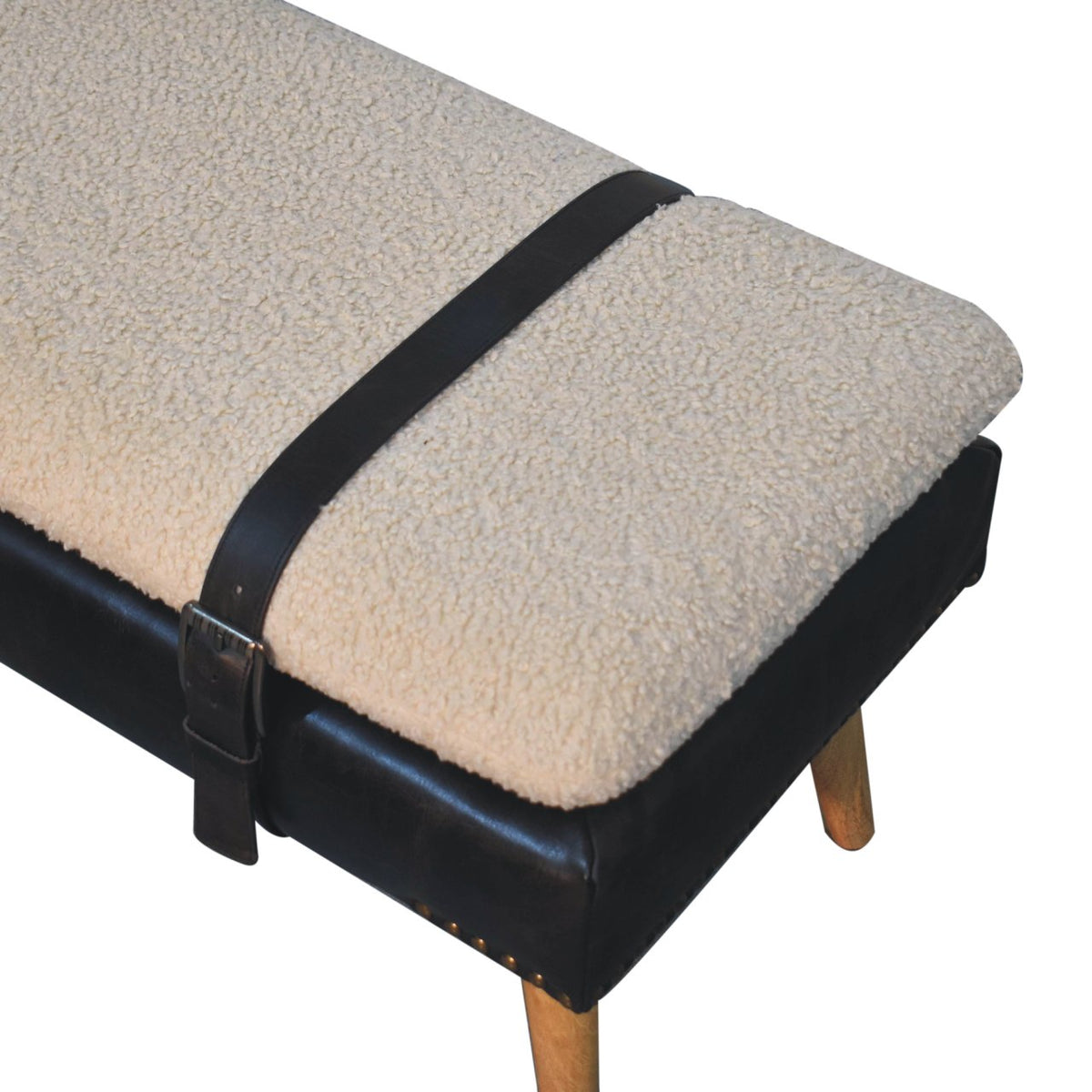 Banc bouclette et cuir de buffle noir, pieds en bois massif – Naturel – vue 6
