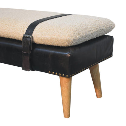 Banc bouclette et cuir de buffle noir, pieds en bois massif – Naturel – vue 7