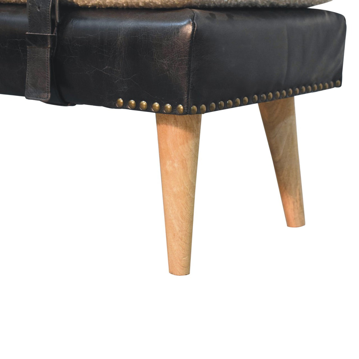 Banc bouclette et cuir de buffle noir, pieds en bois massif – Naturel – vue 8