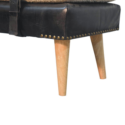 Banc bouclette et cuir de buffle noir, pieds en bois massif – Naturel – vue 8