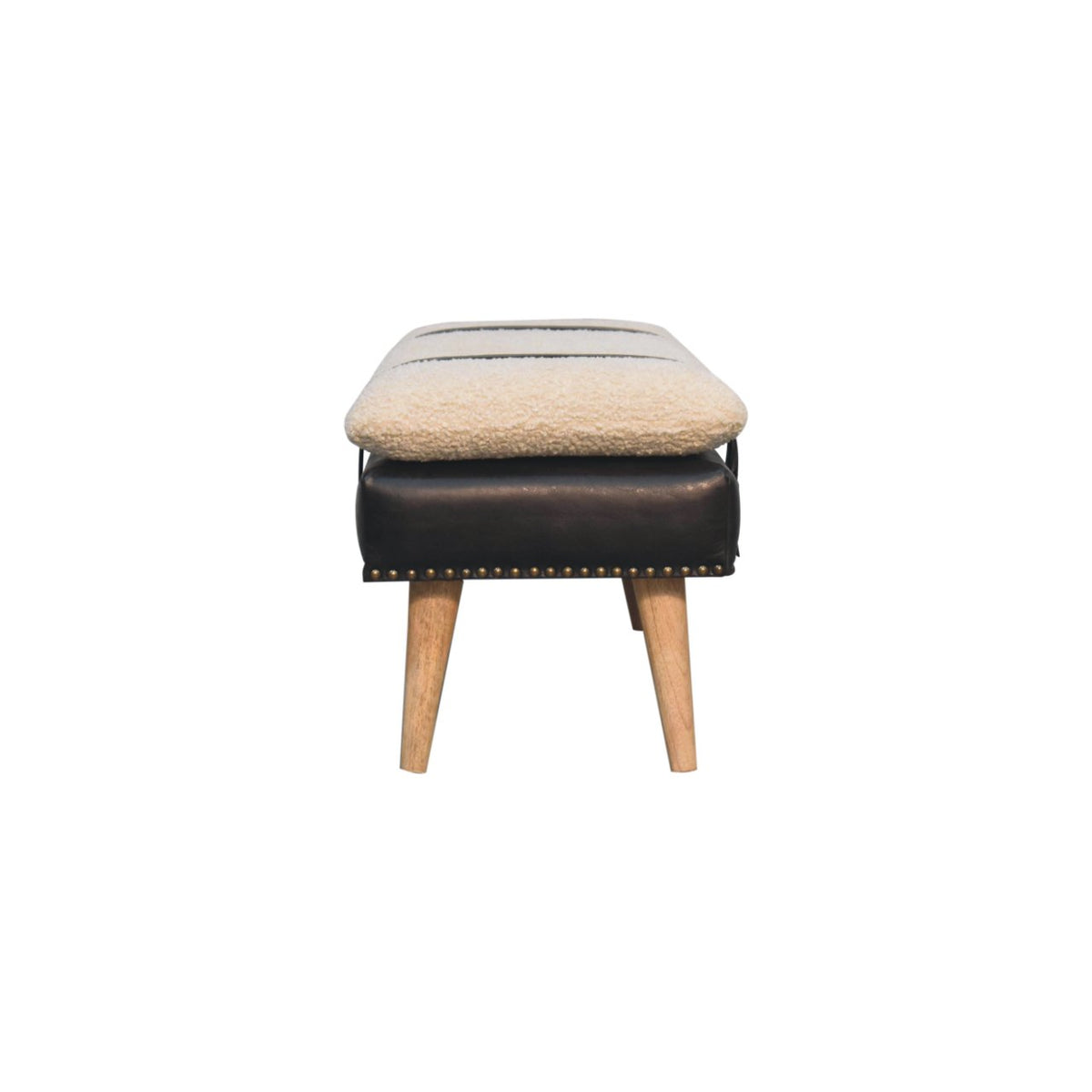 Banc bouclette et cuir de buffle noir, pieds en bois massif – Naturel – vue 9