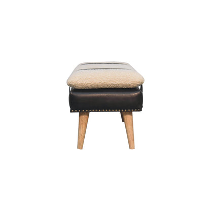 Banc bouclette et cuir de buffle noir, pieds en bois massif – Naturel – vue 9
