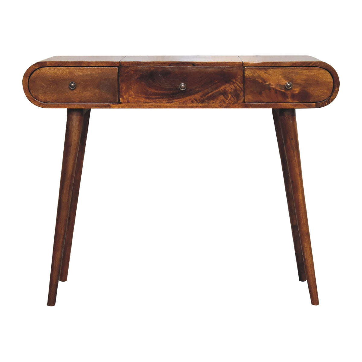 Coiffeuse en manguier massif teinte châtaigne, miroir pliable, trois tiroirs, pieds de style nordique